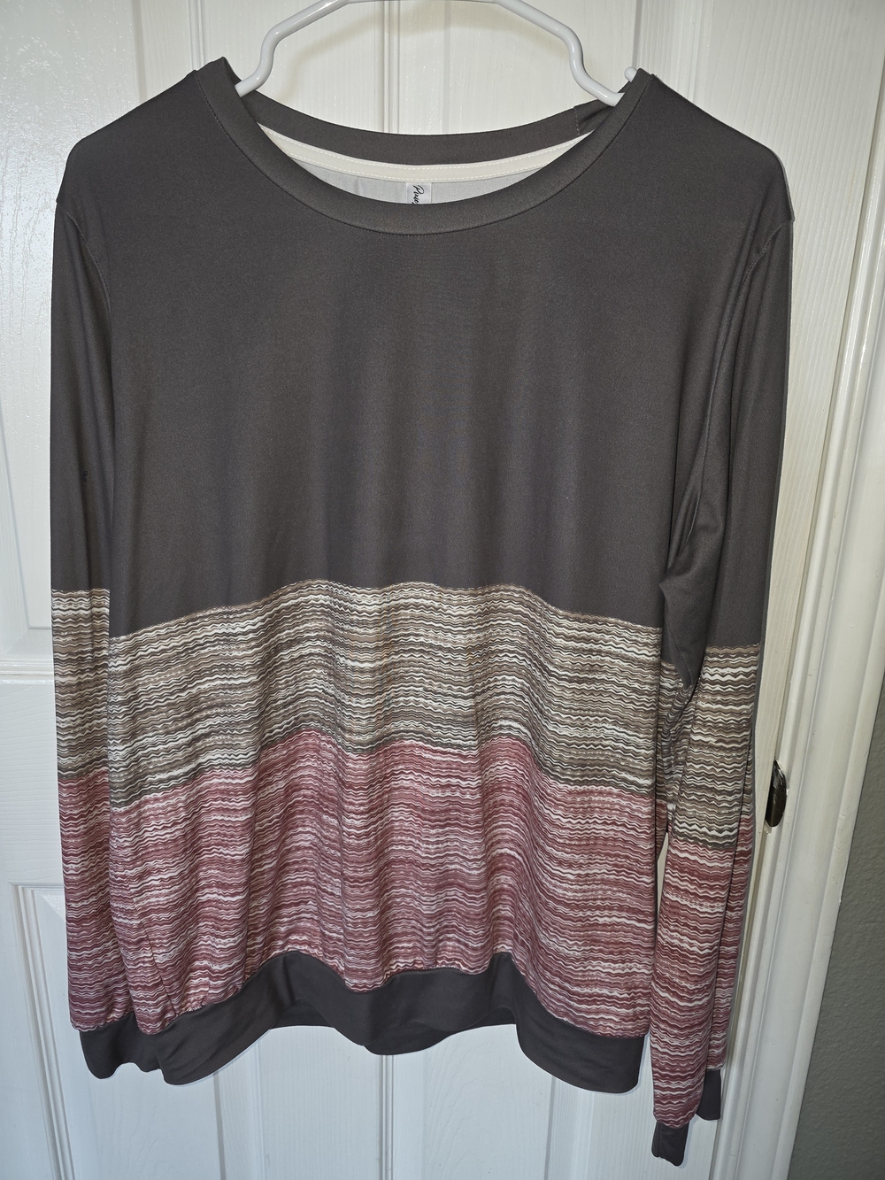 Women's Crewneck Sweater in Brown with Pink Stripe Detail
